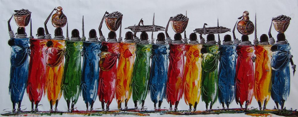 konfigurieren des Kunstwerks Afrikanische Menschengruppe in farbigen Gewänder von Tansamy