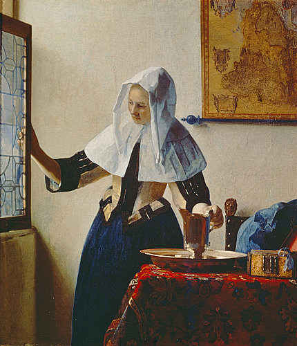 konfigurieren des Kunstdrucks in Wunschgröße Junge Frau mit Wasserkrug am Fenster. Um 1663 von Vermeer, Jan