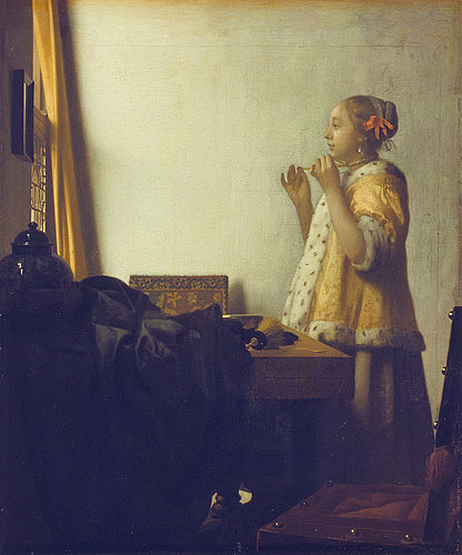konfigurieren des Kunstdrucks in Wunschgröße Junge Dame mit Perlenhalsband. Um 1662/65 von Vermeer, Jan
