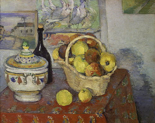 konfigurieren des Kunstdrucks in Wunschgröße Stilleben mit Obstkorb und Suppenterrine 1888/89 von Cezanne, Paul