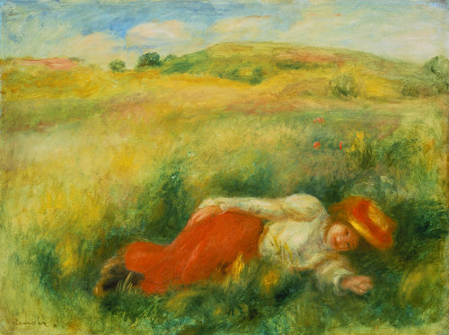 konfigurieren des Kunstdrucks in Wunschgröße Junge Frau, in einer grnen Wiese liegend von Renoir, Pierre-Auguste