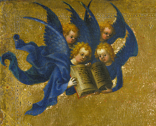 konfigurieren des Kunstdrucks in Wunschgröße Engelgruppe Detail aus der linken oberen Ecke des Altarflgels Kreuz Petri von Lochner, Stephan