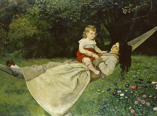 konfigurieren des Kunstdrucks in Wunschgröße Frau mit Kind in der Hngematte 1876 von Thoma, Hans