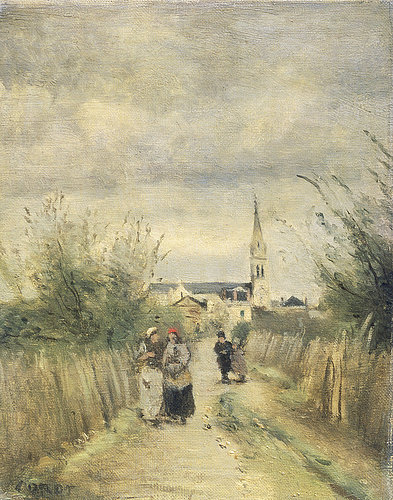 konfigurieren des Kunstdrucks in Wunschgröße Auf dem Weg von der Kirche. Argenteuil. 1870-er Jahre von Corot, Jean-Baptiste Camille