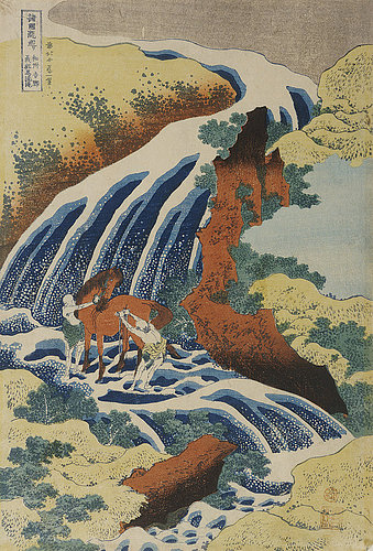 konfigurieren des Kunstdrucks in Wunschgröße Zwei Mnner waschen ein Pferd an einem Wasserfall von Hokusai