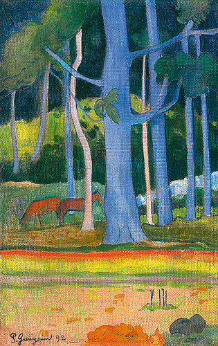 konfigurieren des Kunstdrucks in Wunschgröße Landschaft mit blauen Baumstmmen Paysage aux troncs bleus 1892 von Gauguin, Paul
