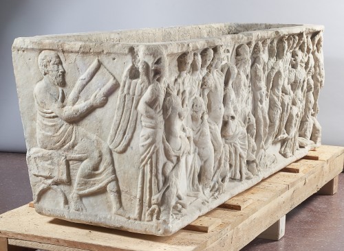 konfigurieren des Kunstdrucks in Wunschgröße Sarkophag mit der Darstellung des Mythos von Athena, Marsyas und Apoll. Rom, um 200 n. Chr. von Anonymous