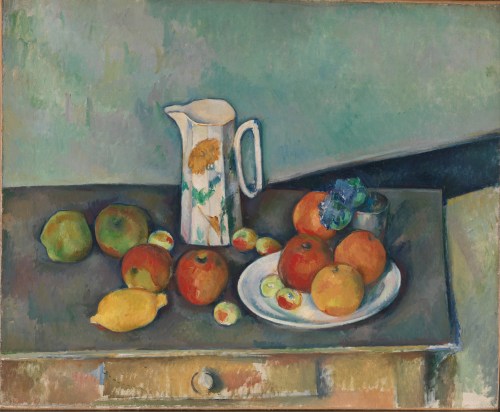 konfigurieren des Kunstdrucks in Wunschgröße Stillleben mit Milchkrug und Frchten auf einem Tisch Um 1890 von Cezanne, Paul
