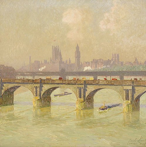 konfigurieren des Kunstdrucks in Wunschgröße Die Waterloo Bridge und die Hungerford Bridge mit dem Houses of Parliament im Hintergrund. 1916. von Claus, Emile